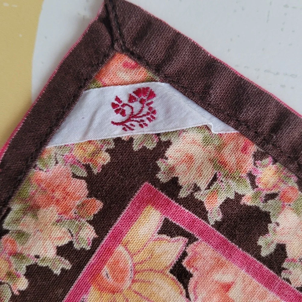 April Cornell Cloth Napkins Set Of 4 Black Border Pink Rose Yellow Daisy 15x15